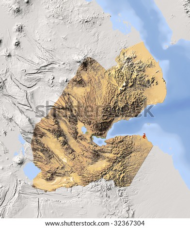 Djibouti, shaded relief map. Colored according to vegetation, with major urban areas. Includes clip path for the state boundary.