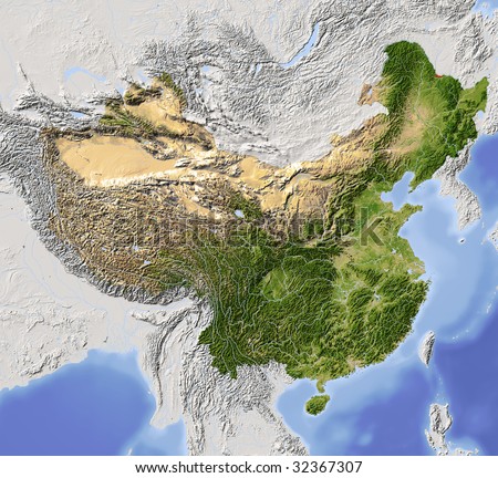 China, shaded relief map. Colored according to vegetation, with major urban areas. Includes clip path for the state boundary.