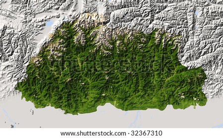 Bhutan, shaded relief map. Colored according to vegetation, with major urban areas. Includes clip path for the state boundary.