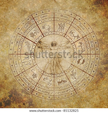 Zodiac circle with vitruvian man in the center on grunge background. Zodiac circle with vitruvian man in the center on grunge background.