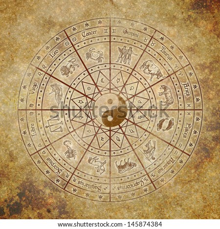 Zodiac circle with Yin-Yang symbol in the center on grunge background A blend between western and asian wisdom Zodiac circle with Yin-Yang symbol in the center on grunge background A blend between western and asian wisdom