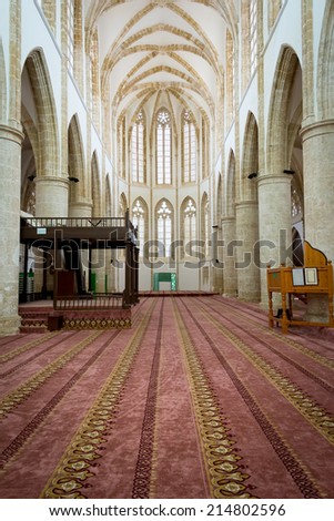 FAMAGUSTA, CYPRUS - JUNE 4, 2014: Famagusta church indoors. From architecture, it can be seen that once Catholic church has been turned into Muslim sacral object.