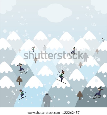 People having fun and making sports during winter holidays on a snowy mountain landscape with snow monsters
