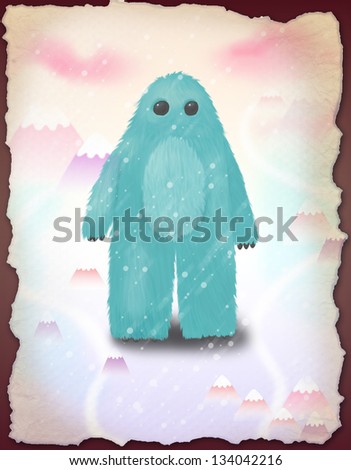 Happy snow monster walking on the snowy mountains digital illustration