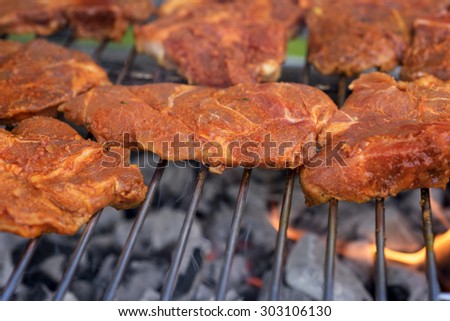 Time for a barbeque - sausages, poultry and pig meat on the grill