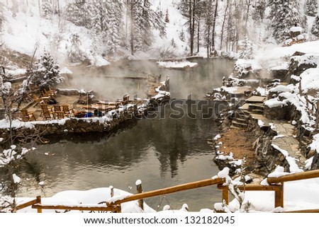 Strawberry Park Hot Springs natural hot springs in winter after freshly fallen snow