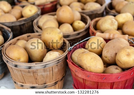 Display of fresh locally grown potatoes in colorful bushel basket at local farmers market