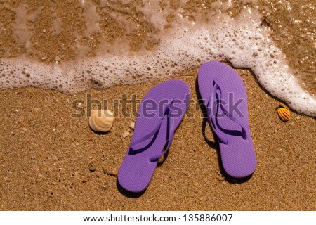 Purple flip flops on a sandy beach with ocean water washing up on shore and sea shells