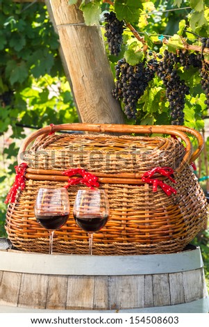 2 glasses of red wine sitting on wine barrel with wicker picnic basket in front of hanging wine grapes