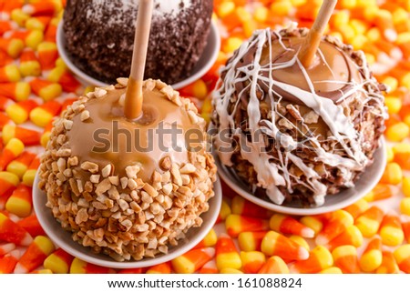 3 hand dipped caramel apples sitting on candy corn display