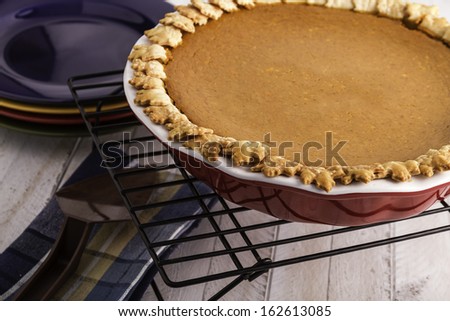 Whole pumpkin pie on wire baking rack sitting on white wooden table