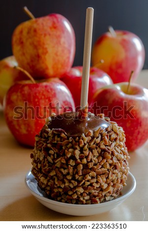 Homemade caramel apples with nuts and chocolate drizzle sitting on small white plate with red apples
