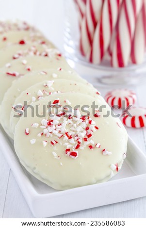 Festive chocolate peppermint cookies coated with white chocolate and candy cane sprinkles lined up on white rectangle plate with peppermint sticks in background