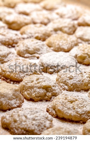 Rows of potato chip cookies sprinkled with powdered sugar sitting on wax paper