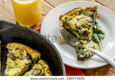 Slice of a spinach mushroom frittata sitting on white plate and fork next to cast iron skillet pan