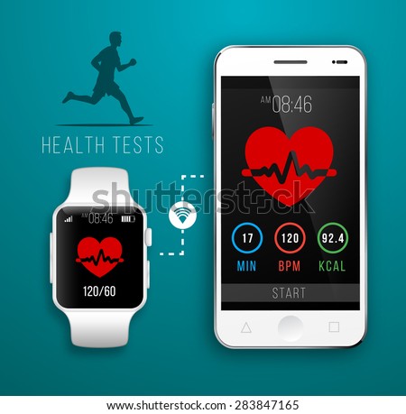 Smart Watch with Fitness application for health. Synchronization of devices. Health test Illustration in flat style