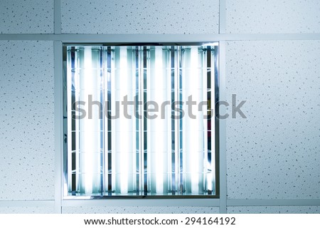 Fluorescent ceiling lights in an office