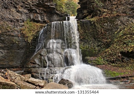 The Cowsheds waterfall in Fillmore Glen State Park in the Finger Lakes region of New York. Cowsheds Waterfall, Fillmore Glen