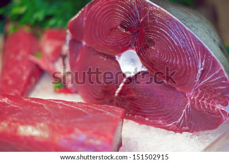 Fresh tuna prepared for sale in a market