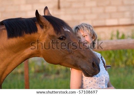Big Horses head on womans shoulder