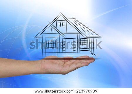 real estate, technology and accommodation concept - picture of house on virtual screen in man hand