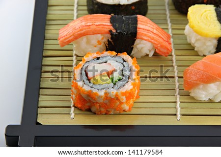 Sushi in bamboo dish and food of Japanese.