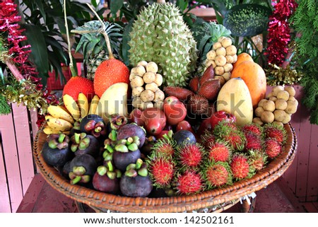 Mixed Fruits in basket and local fruits of Thailand.