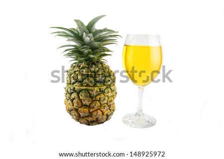 Picture pineapple slices stacked and Pineapple juice in glass on white background.