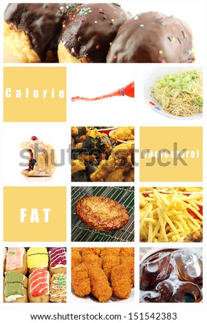Mix Picture Junk food for Health in frame of background.