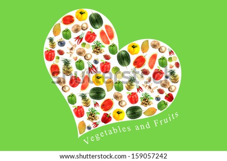 Vegetables and fruits in white heart,It reflects the care and love to eat good food.