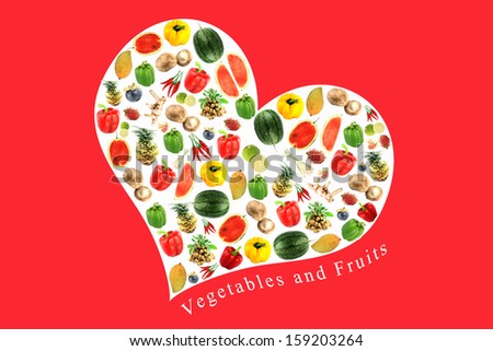 Vegetables and fruits on white heart,It reflects the care and love to eat good food.