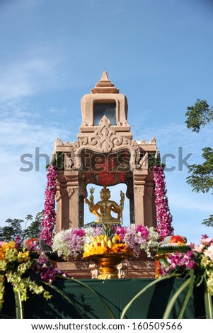 Picture Gold Brahma Statue in Rite Religion to worshiping festival,Thailand.