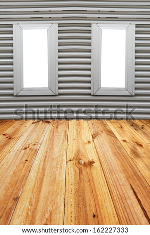 Aluminum windows and Flooring planks on Aluminum background.