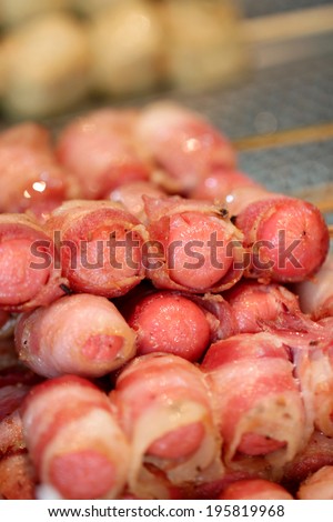 fry bacon of high calorie for food background.
