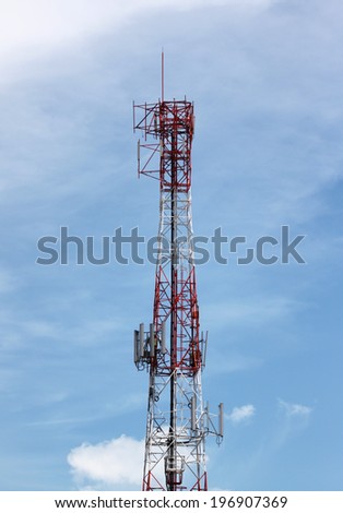 Antenna phone signal on blue sky background.