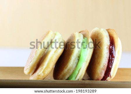 Thailand macaroon on bamboo dish for foods background.