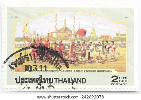 BANGKOK - A old stamp printed by Thailand Post circa 1992 and shows image of 100th Ministry of Agriculture,THAILAND.