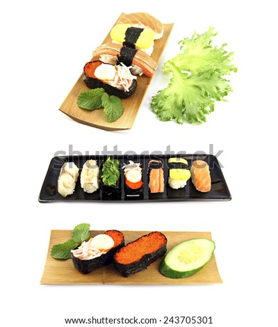Sushi of Japanese in the bamboo dish on a white background.