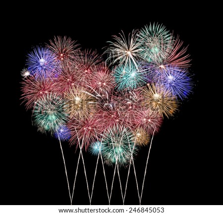 Mix Fireworks or firecracker in heart Shape on the darkness.