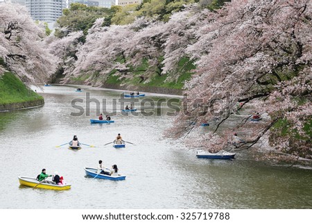Tokyo,Japan - April 04 : An unidentified japan people and traveler paddle relaxing in Cherry blossom viewing festival at Chidorigafuchi park on 04 April 2015,Tokyo,Japan.