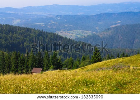 small wooden house in mountains