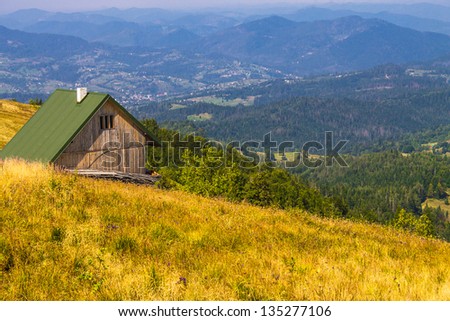 wooden house in mountains  landscape