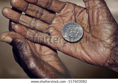 Hand holding half dollar/ Hands Receiving Money / Old  hands with half dollar
