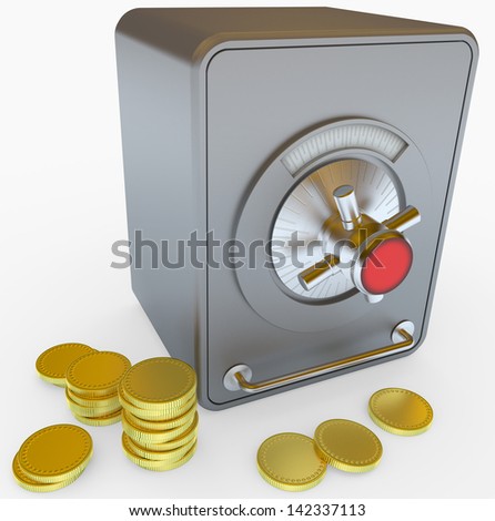 steel safe box and gold coins isolated on white background