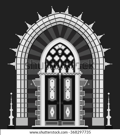 Front door in the gothic style on a dark background