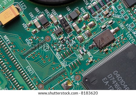 Circuit board with microchips. Close-up.