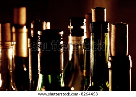 Wine bottle necks. Different wine bottles with cork.