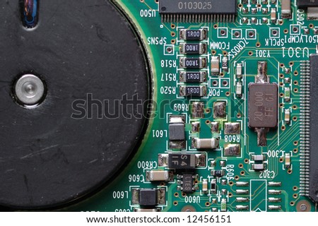 Circuit board with microchips. Close-up.