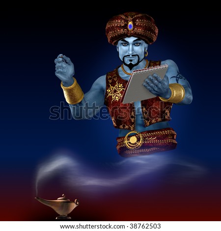 Genie from lamp with writing-pad. 3D render. Illustration.