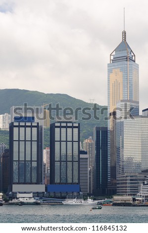 Skyscrapers on the shore of Aberdeen Harbour. Hong Kong. China. No logo.